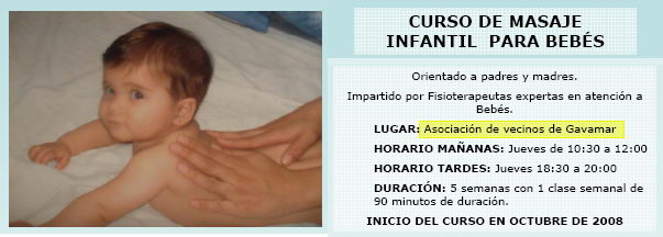 Curso de masaje infantil para beb&eacute;s organizado en el Centro C&iacute;vico de Gav&agrave; Mar a partir de octubre de 2008